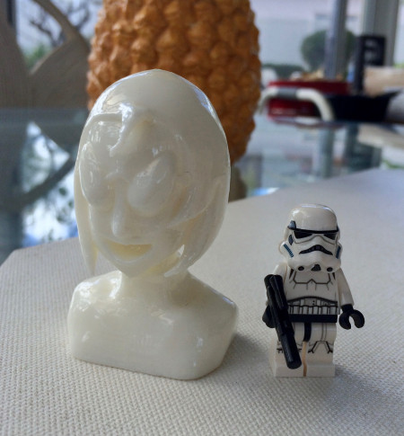 { Bust prototype 1 with Lego Stormtrooper for scale. }