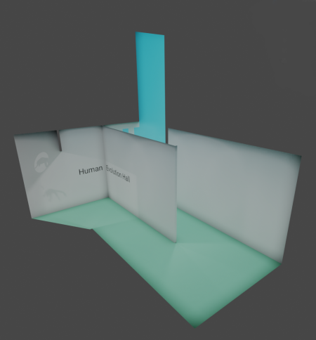 { The Blender model of the divider area, showing how it covers visible areas in adjoining halls. }