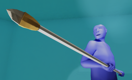 Blue colored model of a male Neanderthal holding a spear